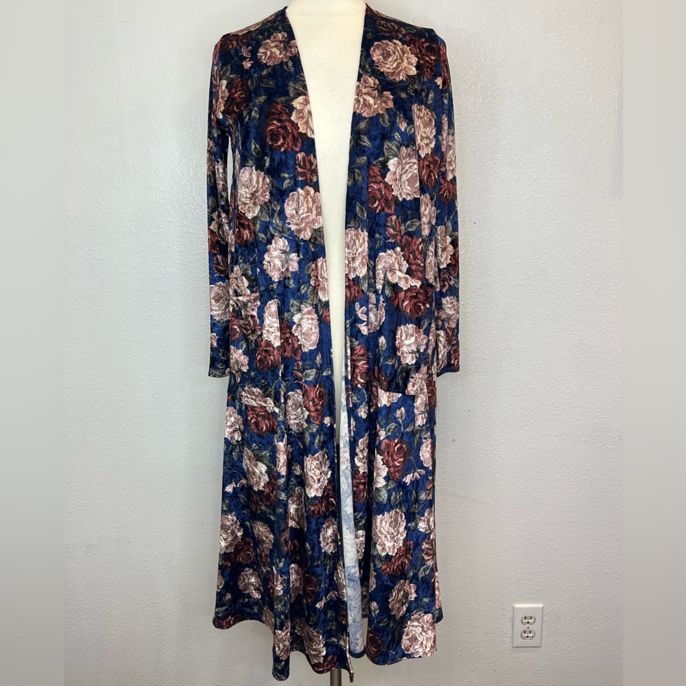 NWT LuLaRoe Sarah Duster Cardigan Velvet Blue Multicolor Floral Print Size S